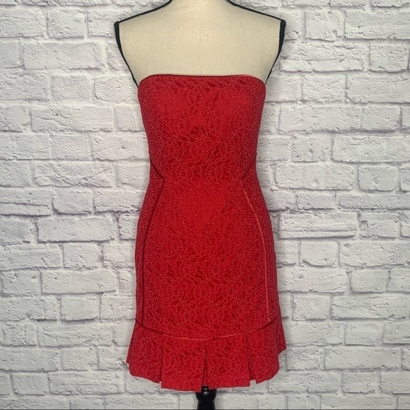 Aidan Mattox Red Lace Strapless Ruffle Hem Mini Dress - Picture 3 of 14